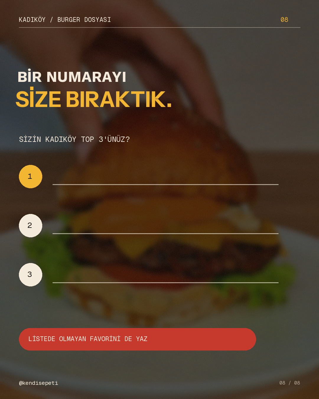 Kendi Kadıköy burger sıralamanızı paylaşın carousel CTA tasarımı